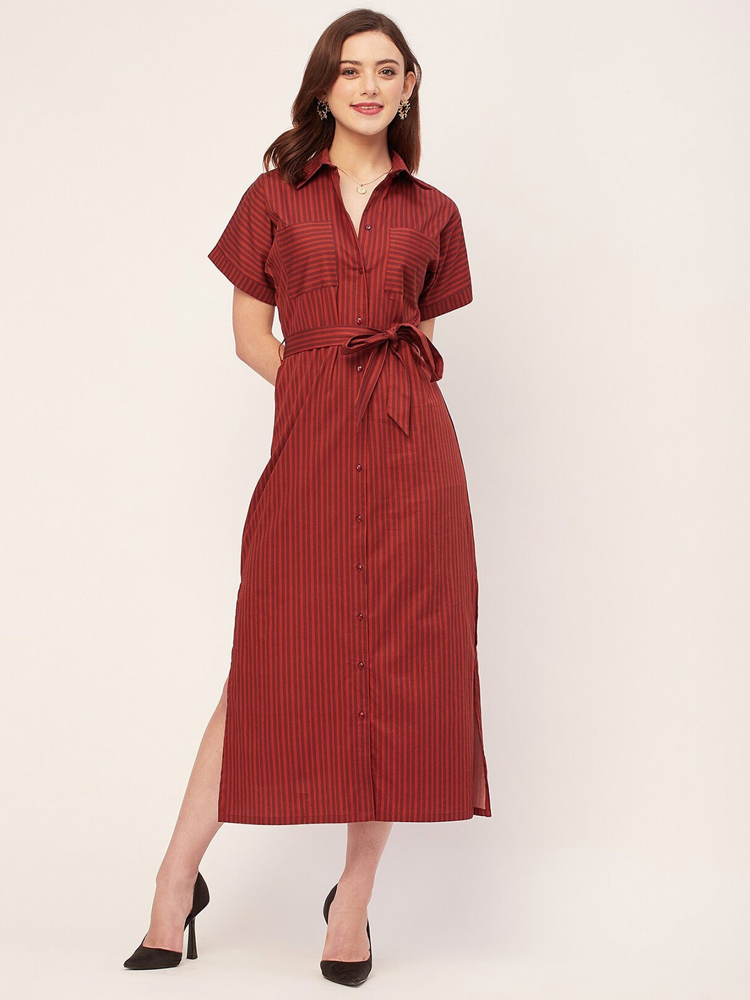 

Moomaya Striped Cotton Shirt Collar Straight Shirt Midi Dress, Maroon