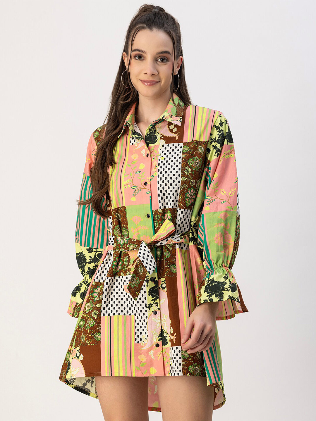 

Moomaya Floral Printed Cotton High-Low Shirt Dress, Green
