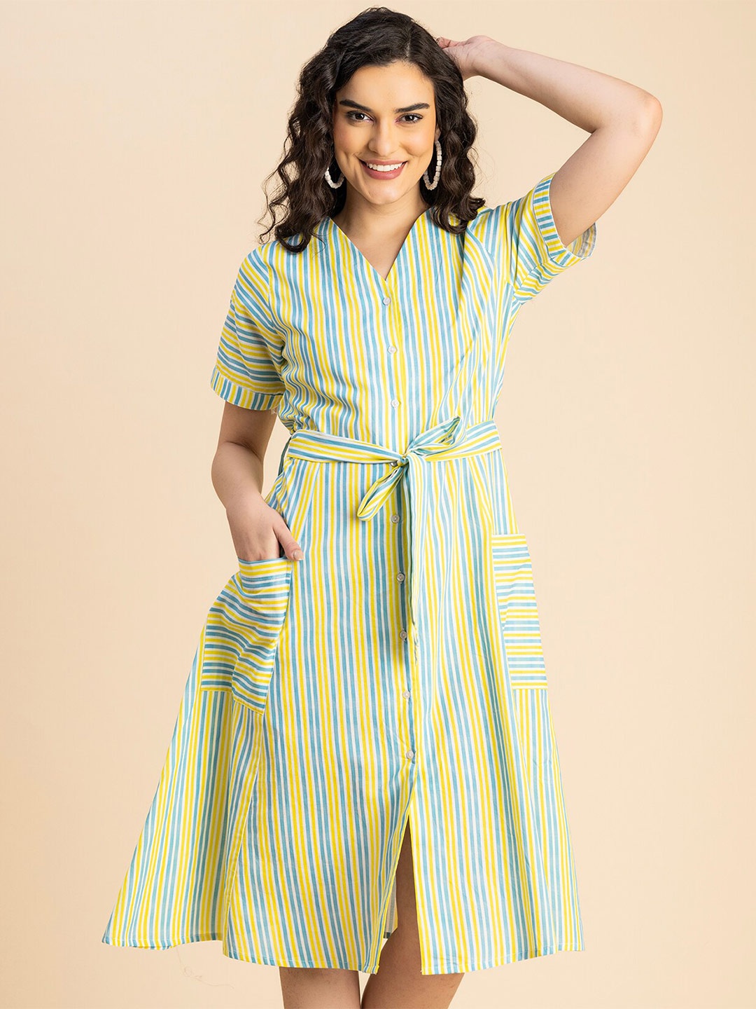 

Moomaya Striped V Neck Short Sleeves A-Line Dress, Blue
