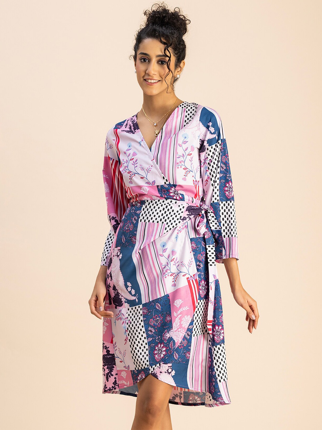 

Moomaya Floral Printed Long Sleeves Wrap Dress, Pink