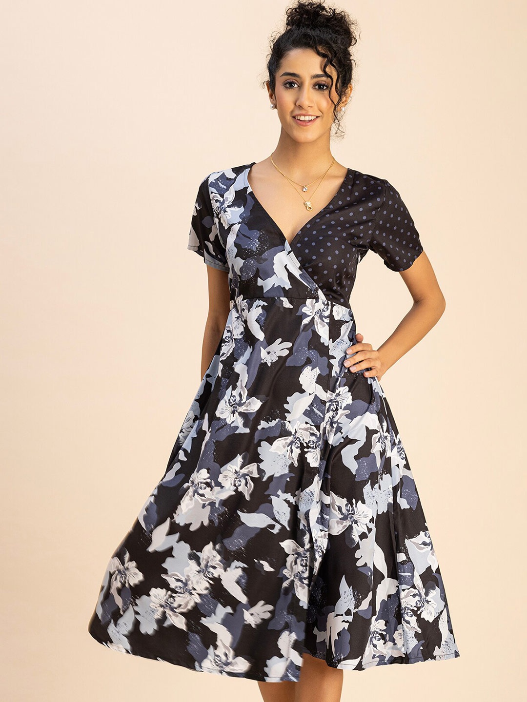 

Moomaya Floral Print V Neck Fit & Flare Midi Dress, Grey
