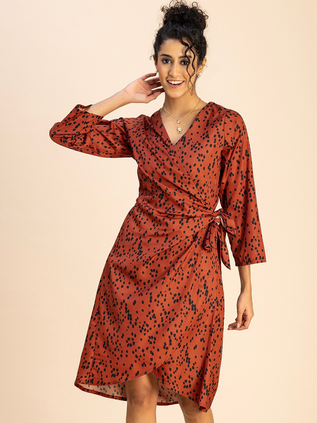 

Moomaya V Neck Printed Crepe Wrap Dress, Rust