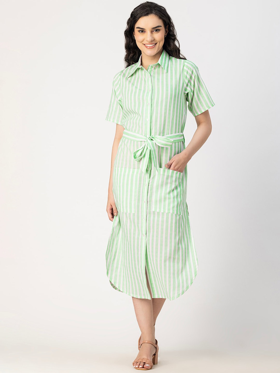 

Moomaya Striped Shirt Collar Tie-Ups Detail Cotton Shirt Midi Dress, Green