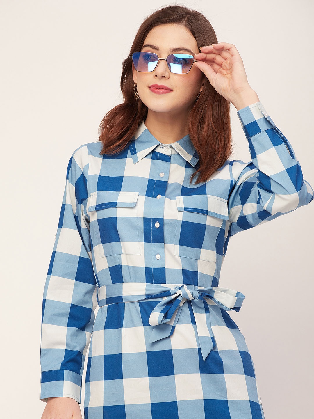 

Moomaya Checked Printed Long Sleeves Spread Collar Cotton Shirt Dress, Blue