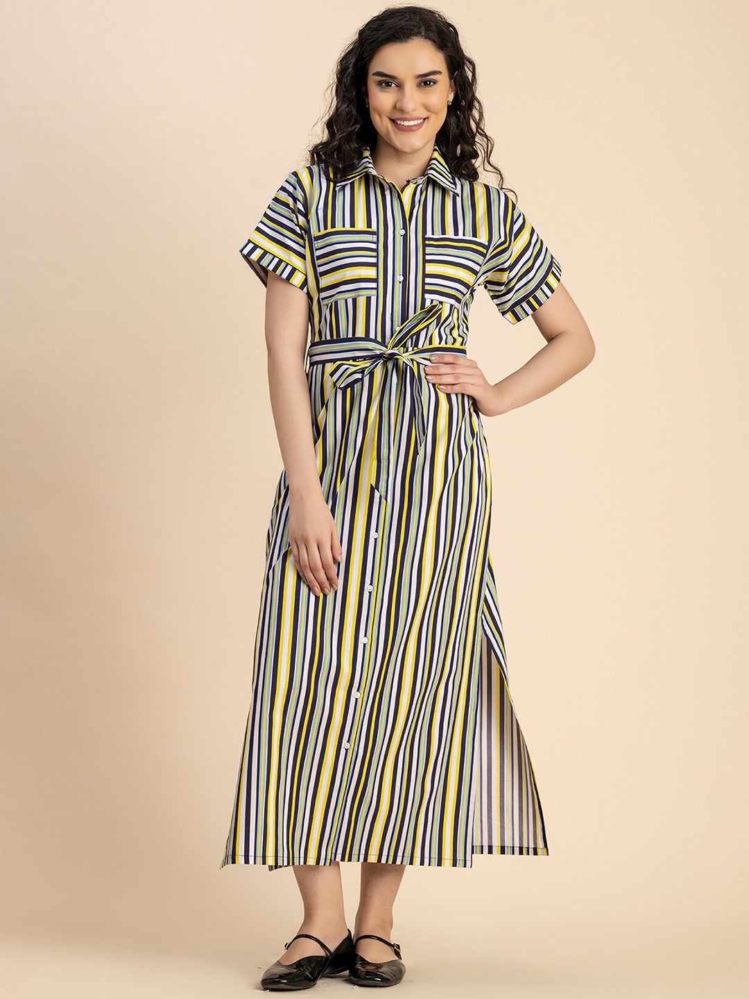 

Moomaya Striped Cotton Straight Shirt Midi Dress, Blue