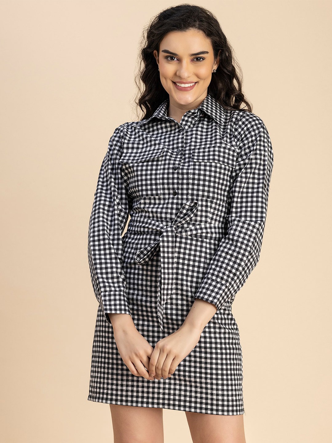 

Moomaya Shirt Collar Long Sleeves Cotton Checked Shirt Dress with Belt, Black