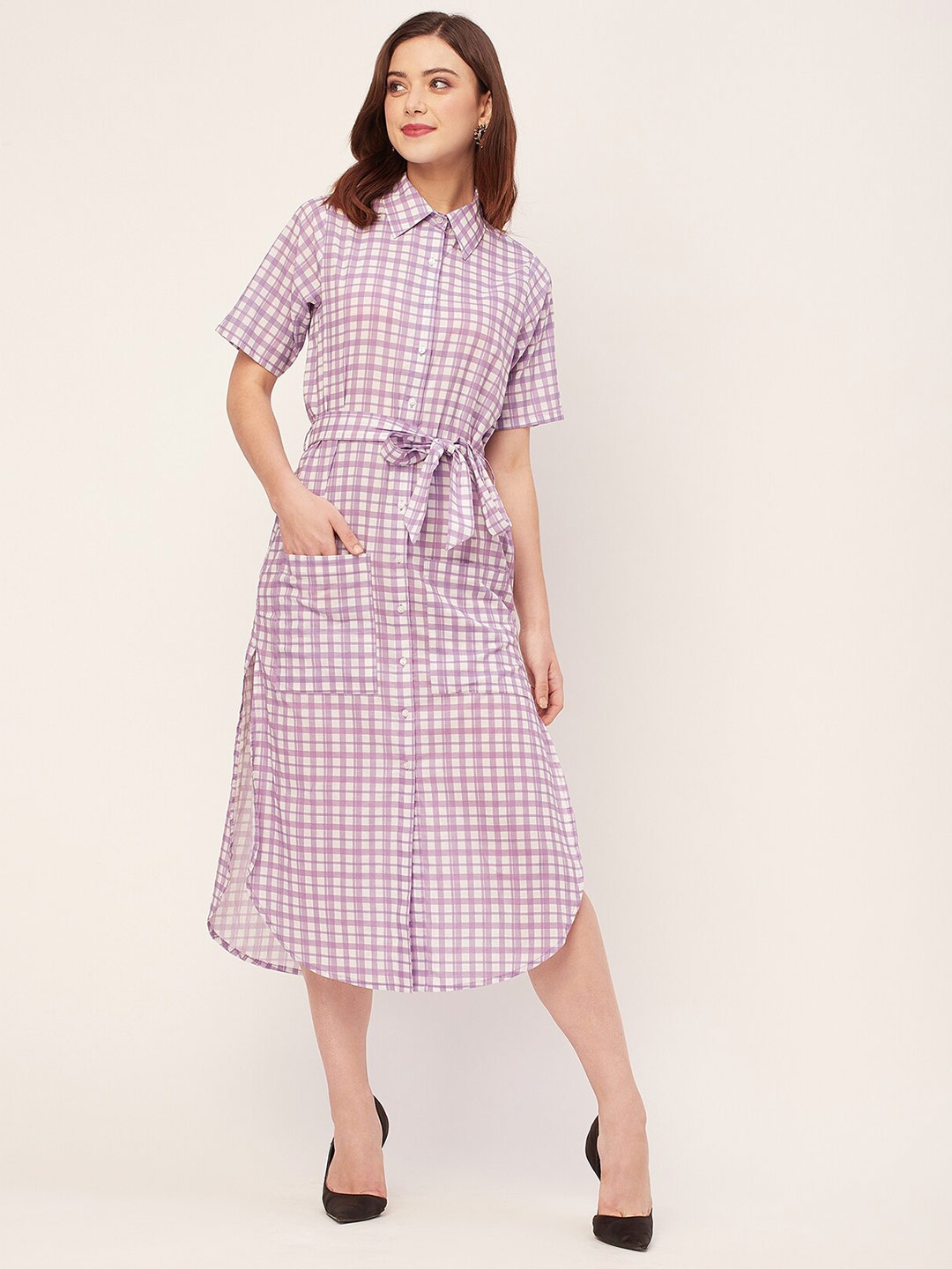 

Moomaya Lavender Checked Spread Collar Shirt Midi Dress