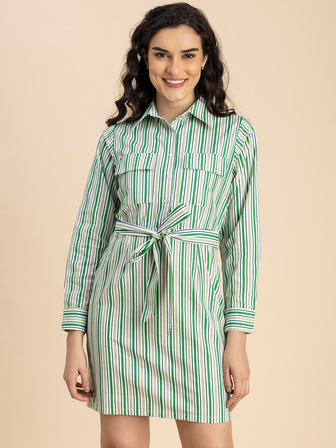 

Moomaya Striped Cotton Shirt Collar Straight Above Knee Shirt Dress, Green