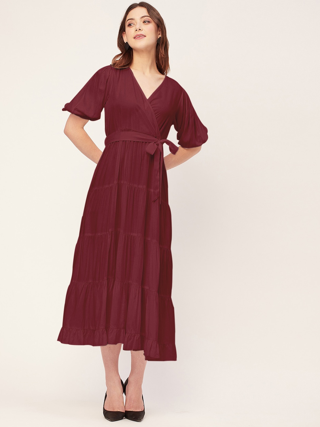 

Moomaya V Neck Short Puff Sleeves Layered Fit & Flare Midi Dress with Belt, Maroon