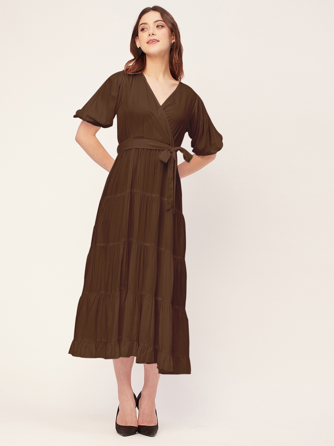 

Moomaya Flared Sleeve Empire Midi Dress, Brown