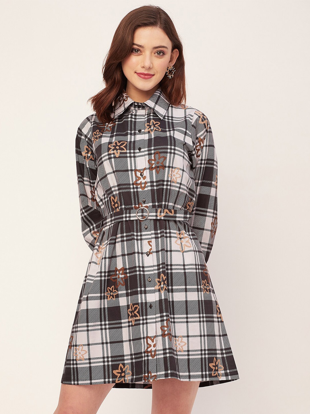 

Moomaya Checked A Line Shirt Dress, Black