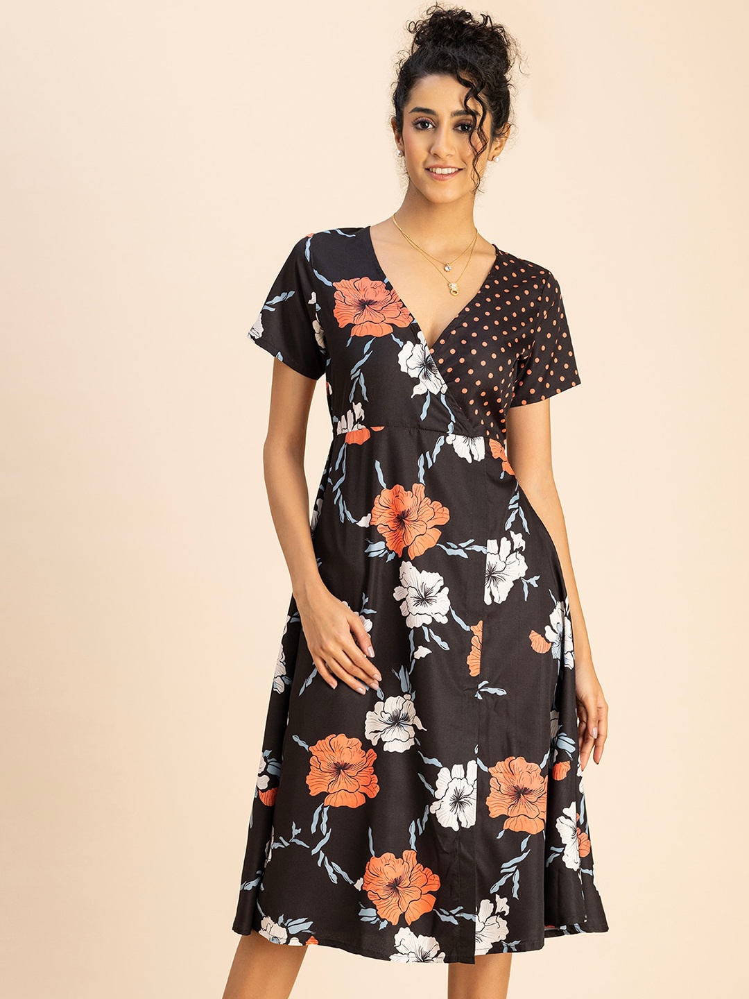 

Moomaya Floral Printed V-Neck A-Line Dress, Orange