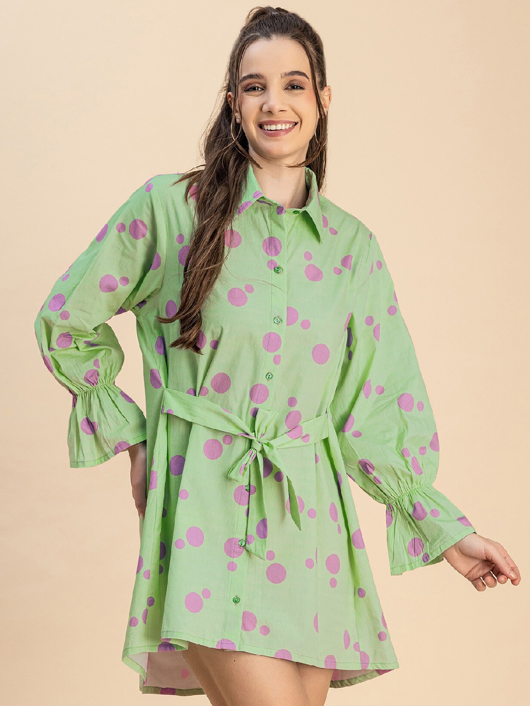 

Moomaya Shirt Collar Floral Printed Bell Sleeve Shirt Cotton Dress, Green