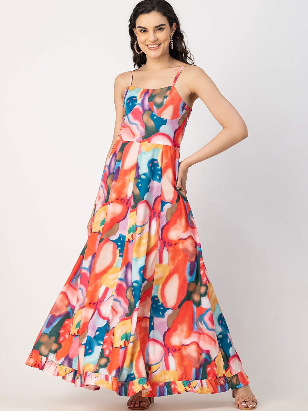 

Moomaya Shoulder Straps Floral Print Crepe Maxi Dress, Orange