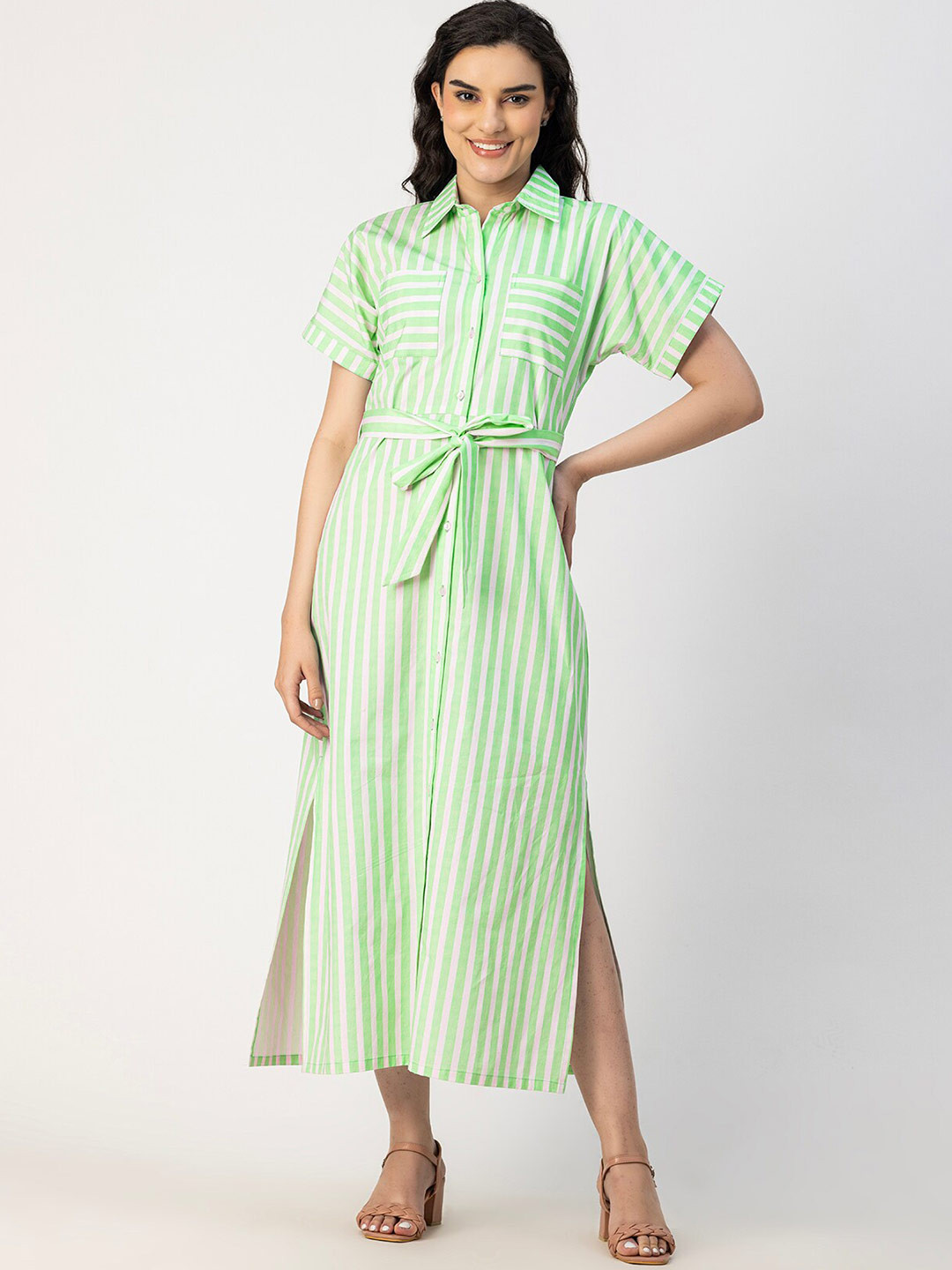 

Moomaya Striped Spread Collar Short Sleeves Shirt Midi Dress, Green