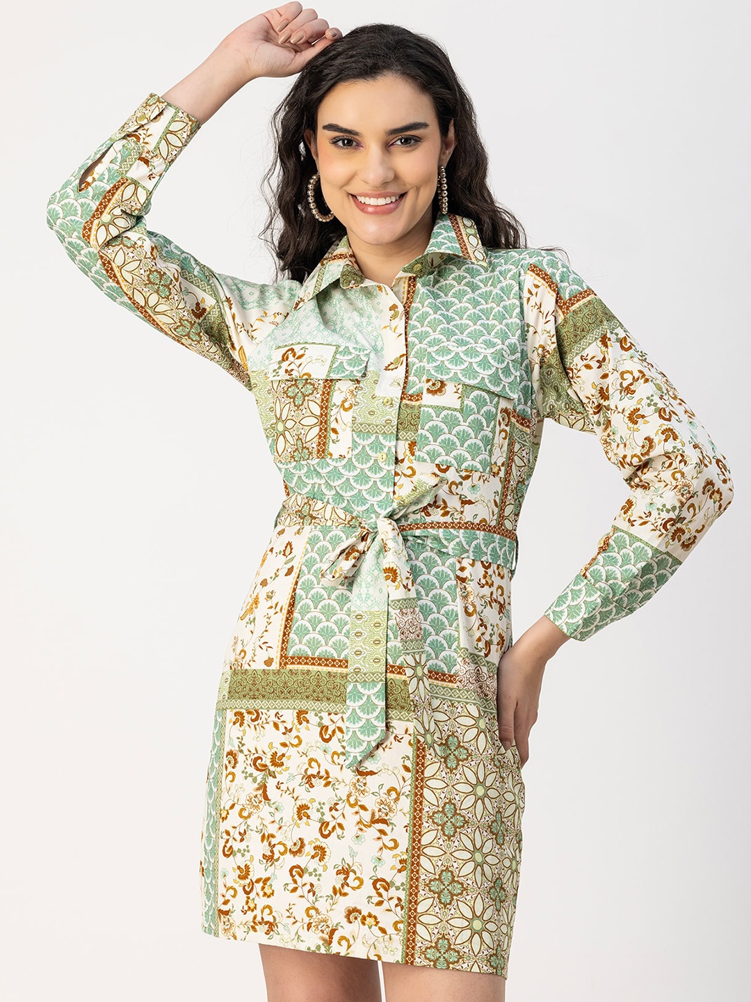 

Moomaya Floral Printed Cuffed Sleeves Cotton Shirt Dress, Green