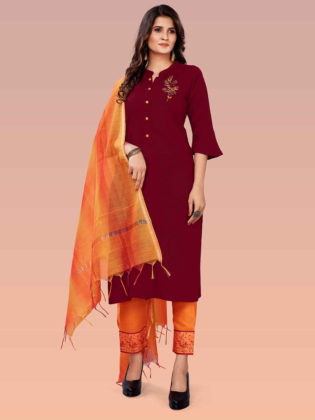 

Archittam Ethnic Motifs Embroidered Regular Straight Kurta With Trousers & Dupatta, Maroon