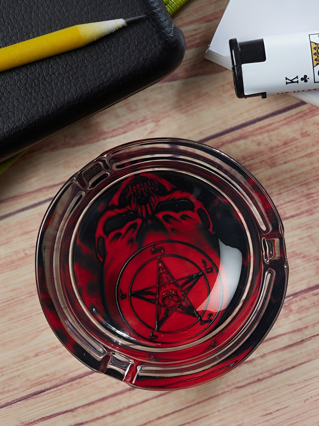 

Kookee Transparent & Red Printed Glass Round Ash Tray