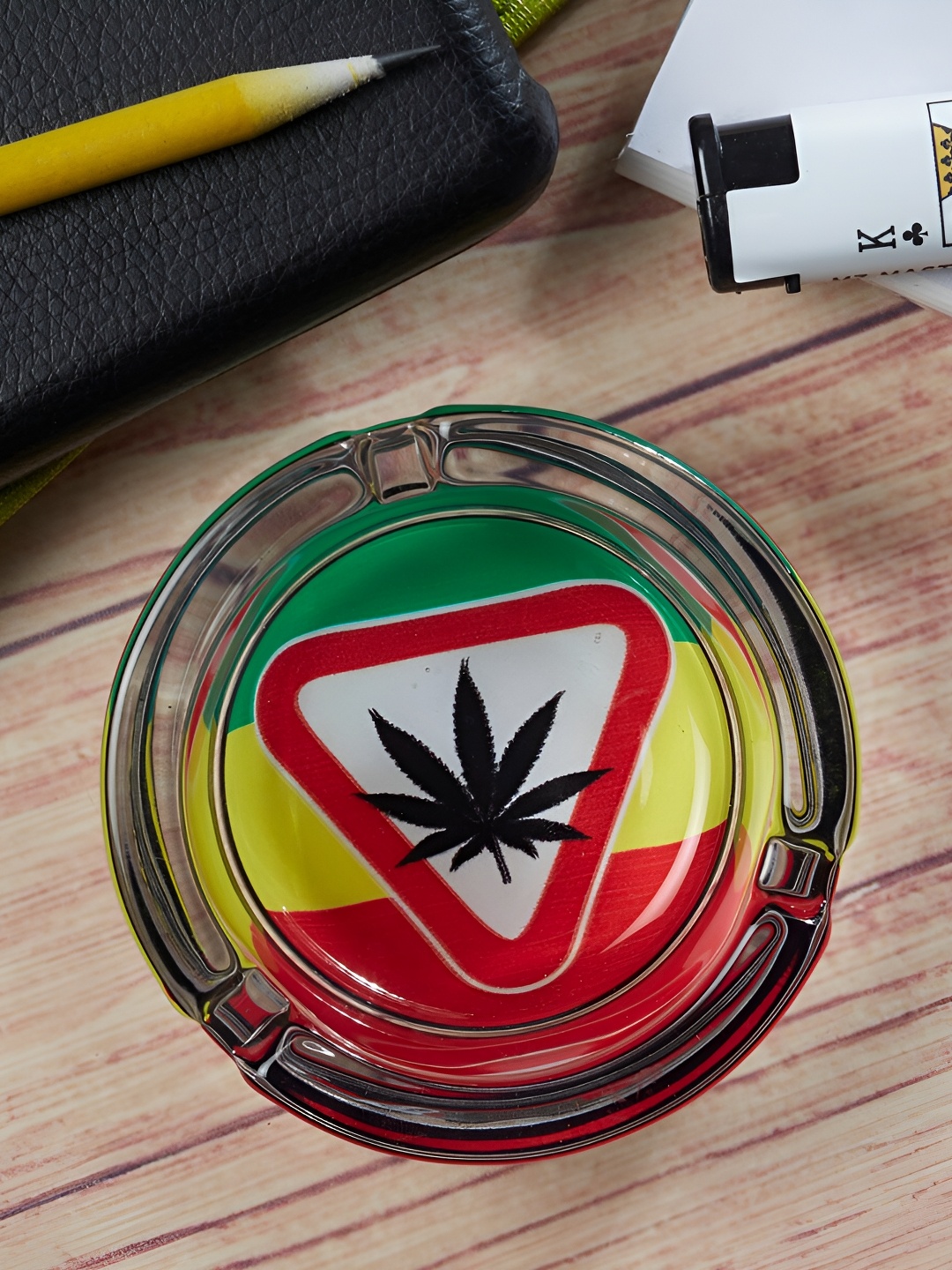 

Kookee Transparent & Green Printed Glass Round Ash Tray