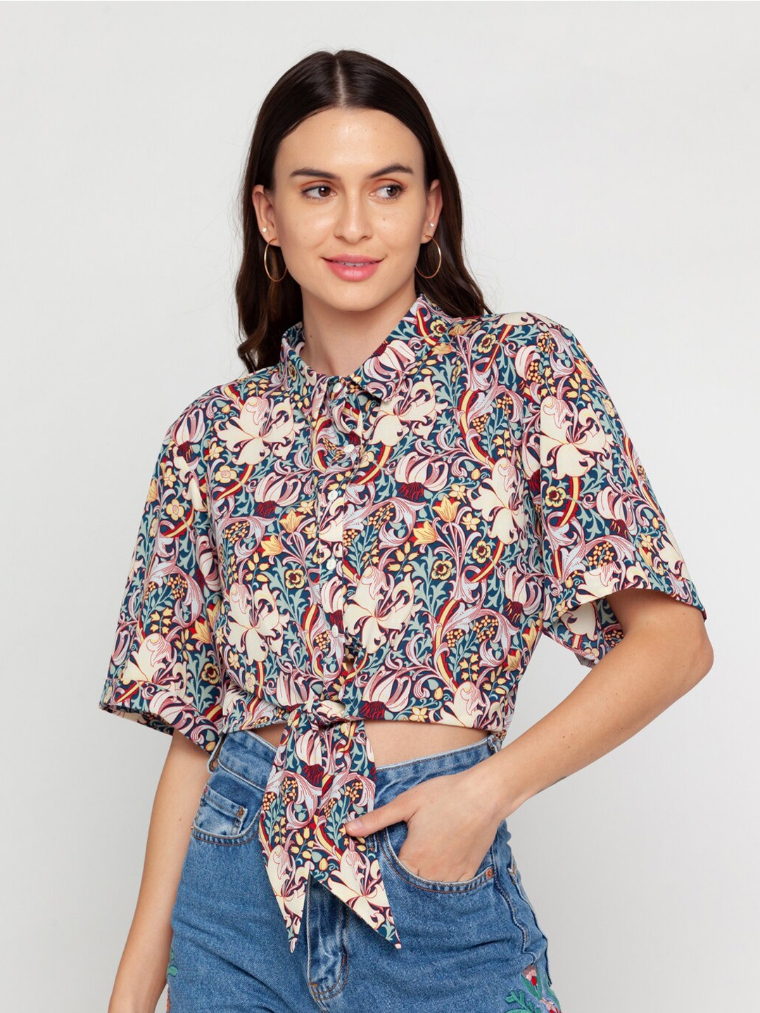 

Zink London Floral Printed Waist Tie-Ups Shirt Style Top, Blue