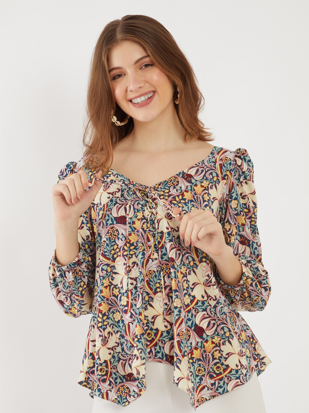 

Zink London Floral Printed Tie Up Neck Puff Sleeves Top, Blue