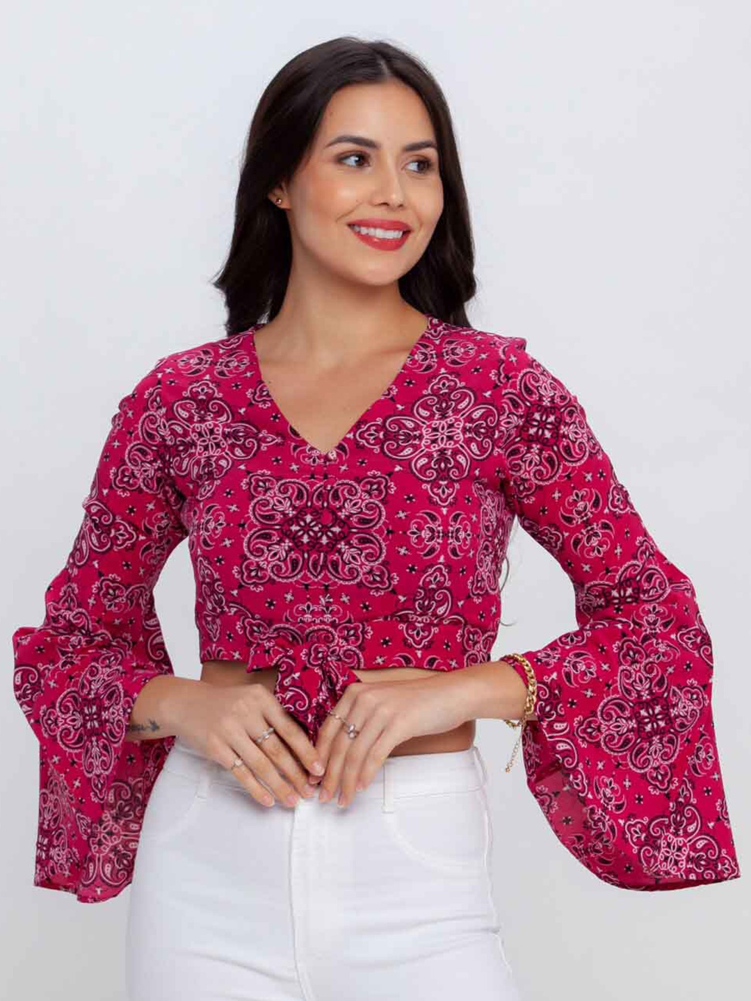 

Zink London Floral Printed V Neck Bell Sleeves Crop Top, Pink