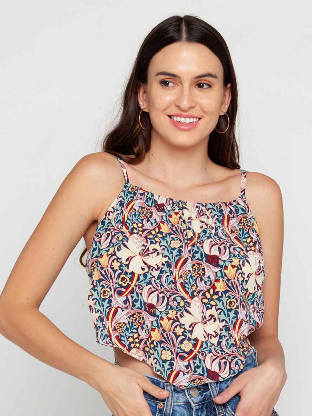 

Zink London Floral Printed Shoulder Straps Crop Top, Blue