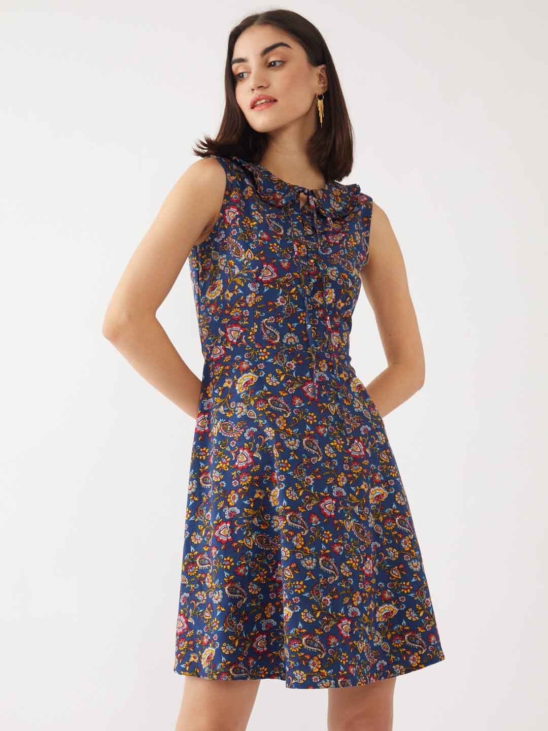 

Zink London Floral Printed Tie Up Neck Above Knee Fit & Flare Dress, Navy blue
