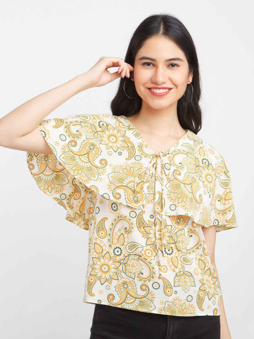 

Zink London Floral Printed Tie Up Neck Cape Sleeves Regular Top, Yellow