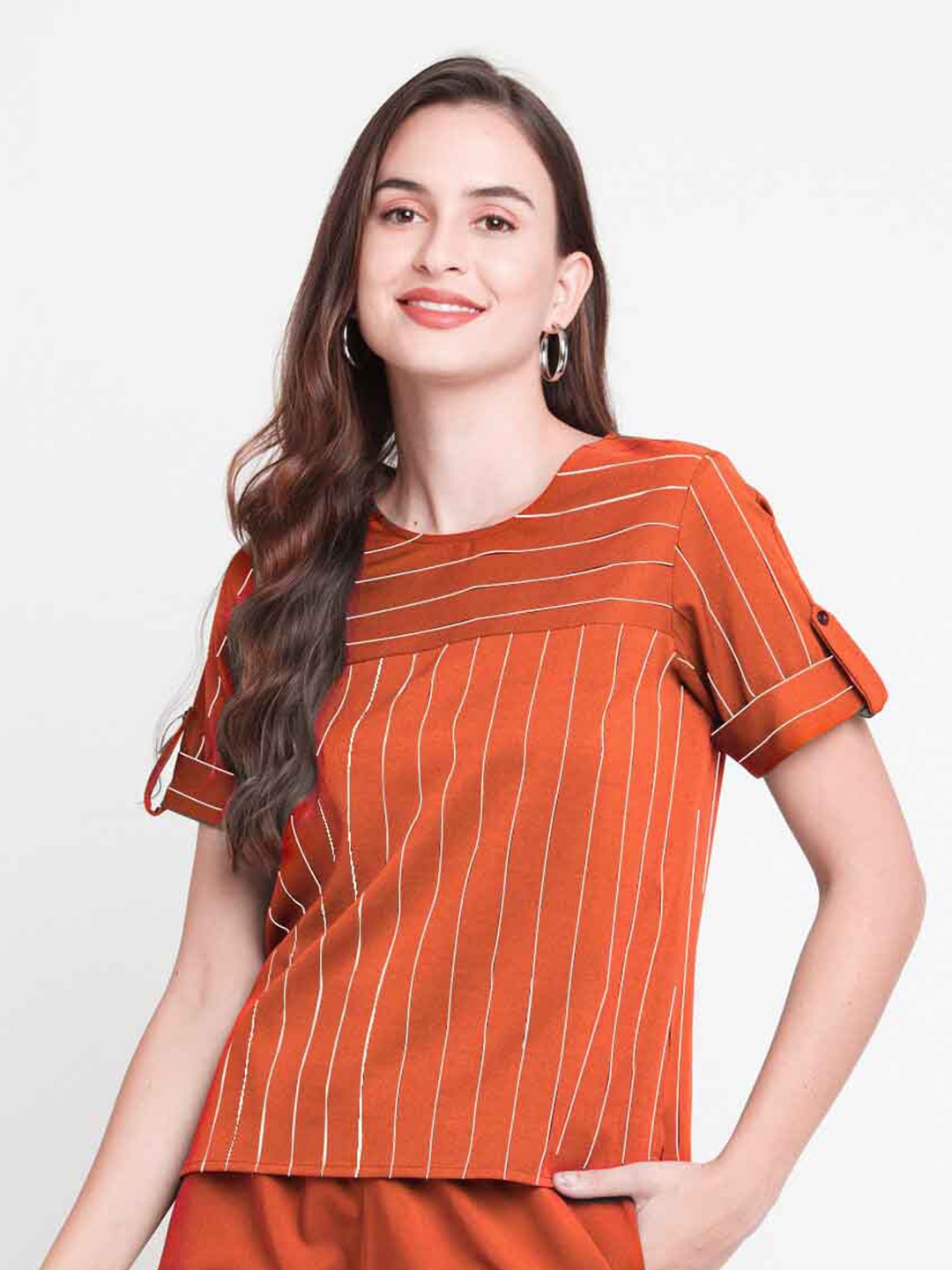 

Zink London Striped Round Neck Roll Up Sleeves Regular Top, Brown