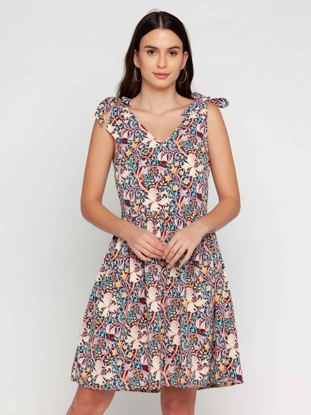 

Zink London Floral Printed V Neck Above Knee Fit and Flare Dress, Blue