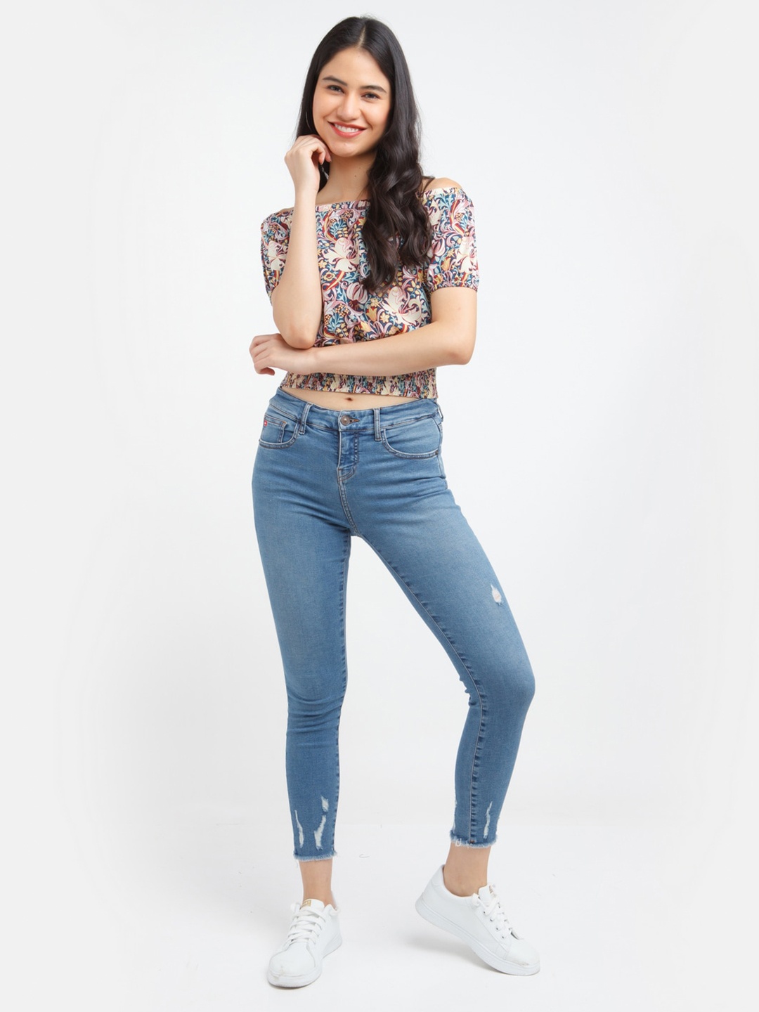 

Zink London Floral Printed Off Shoulder Short Sleeves Crop Blouson Top, Blue