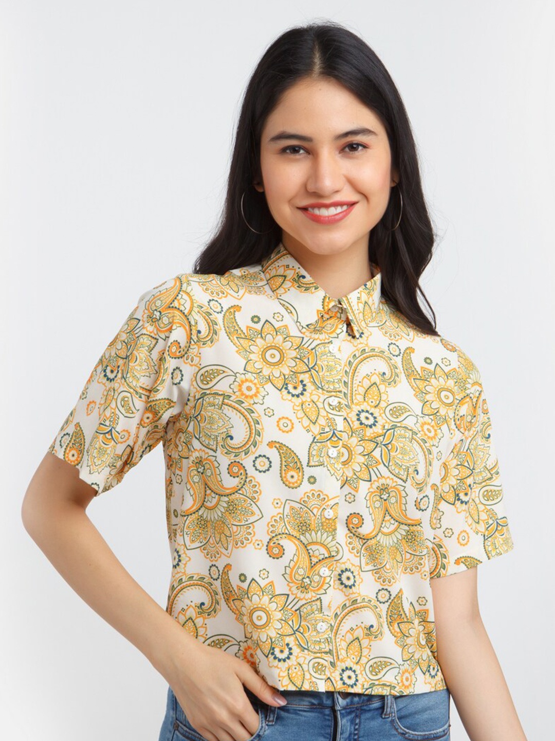 

Zink London Floral Printed Spread Collar Short Sleeves Casual Shirt, Yellow