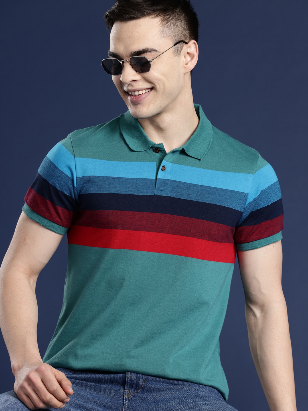 

Mast & Harbour Men Striped Polo Collar T-shirt, Teal