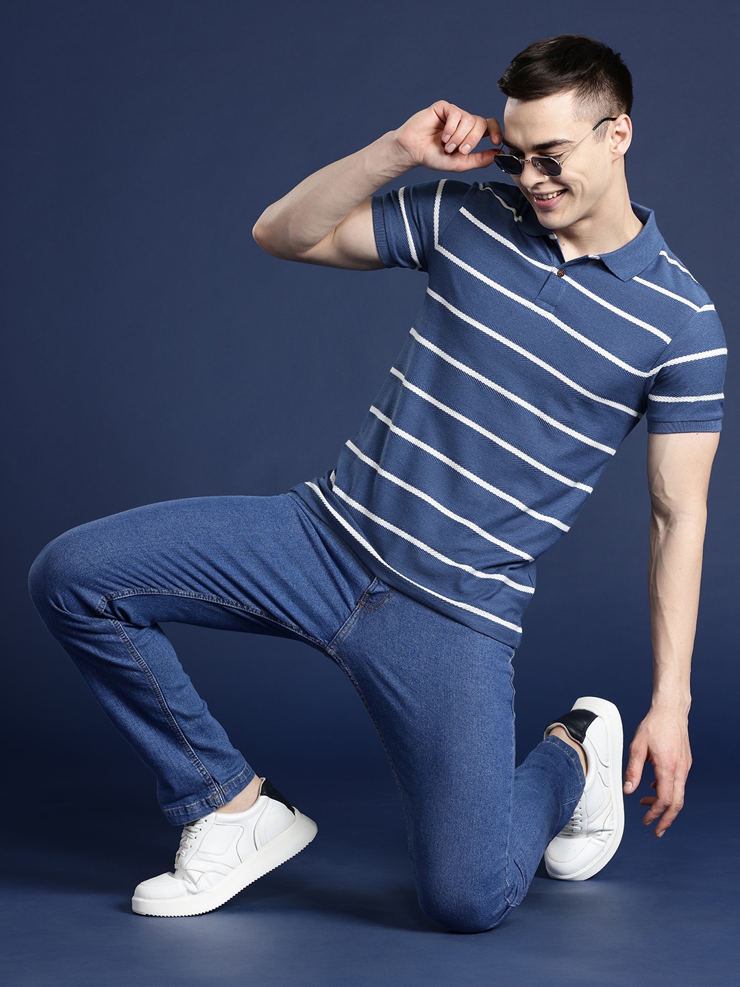 

Mast & Harbour Men Striped Polo Collar T-shirt, Blue