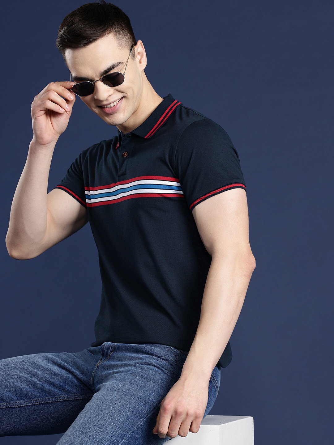 Mast & Harbour Men Striped Polo Collar T-shirt, Navy blue