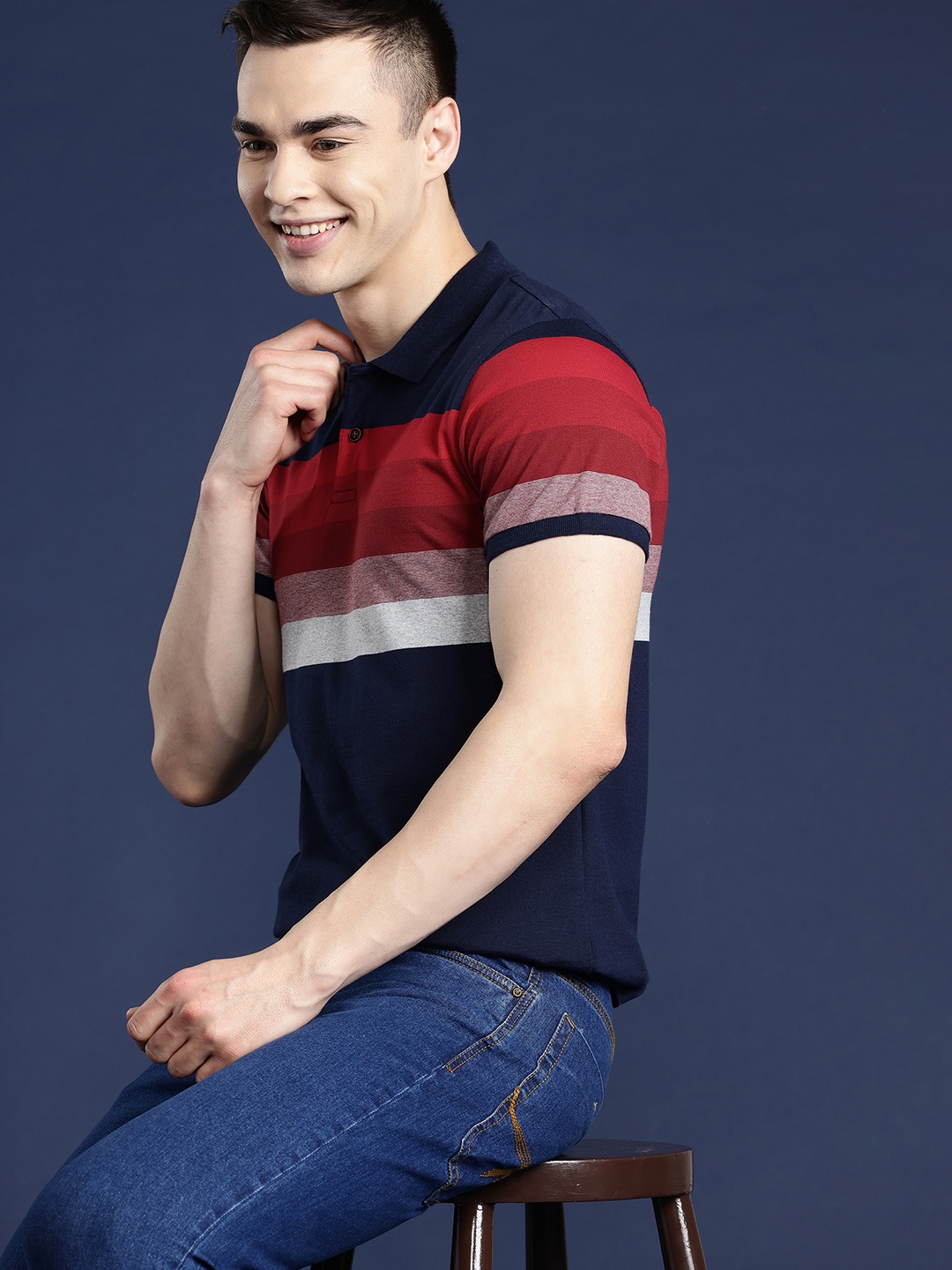 

Mast & Harbour Men Striped Polo Collar T-shirt, Navy blue