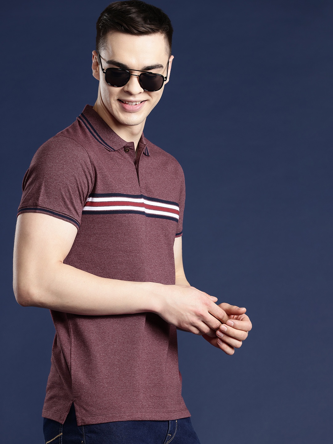 

Mast & Harbour Men Striped Polo Collar T-shirt, Pink