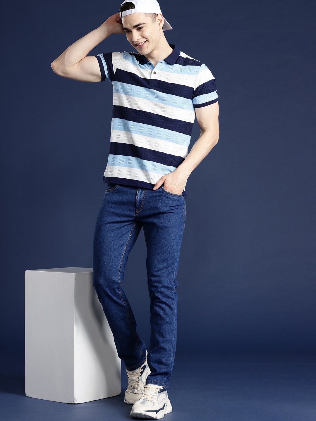 

Mast & Harbour Men Striped Polo Collar T-shirt, Navy blue