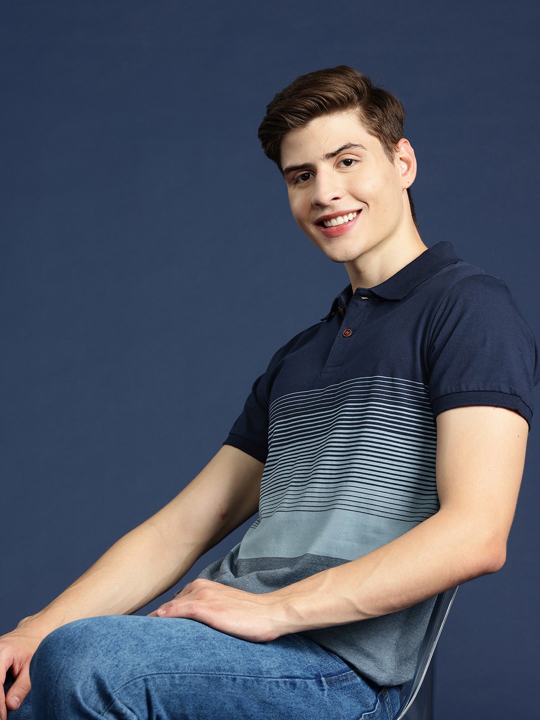 

Mast & Harbour Men Striped Polo Collar T-shirt, Navy blue