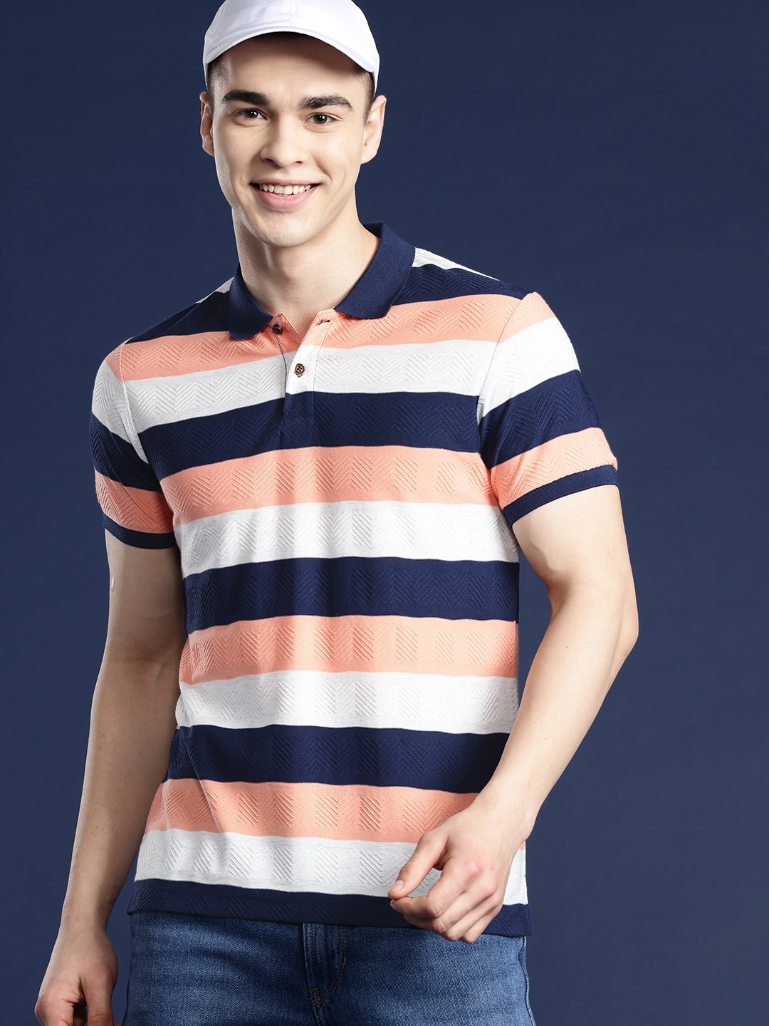

Mast & Harbour Men Striped Polo Collar T-shirt, Coral