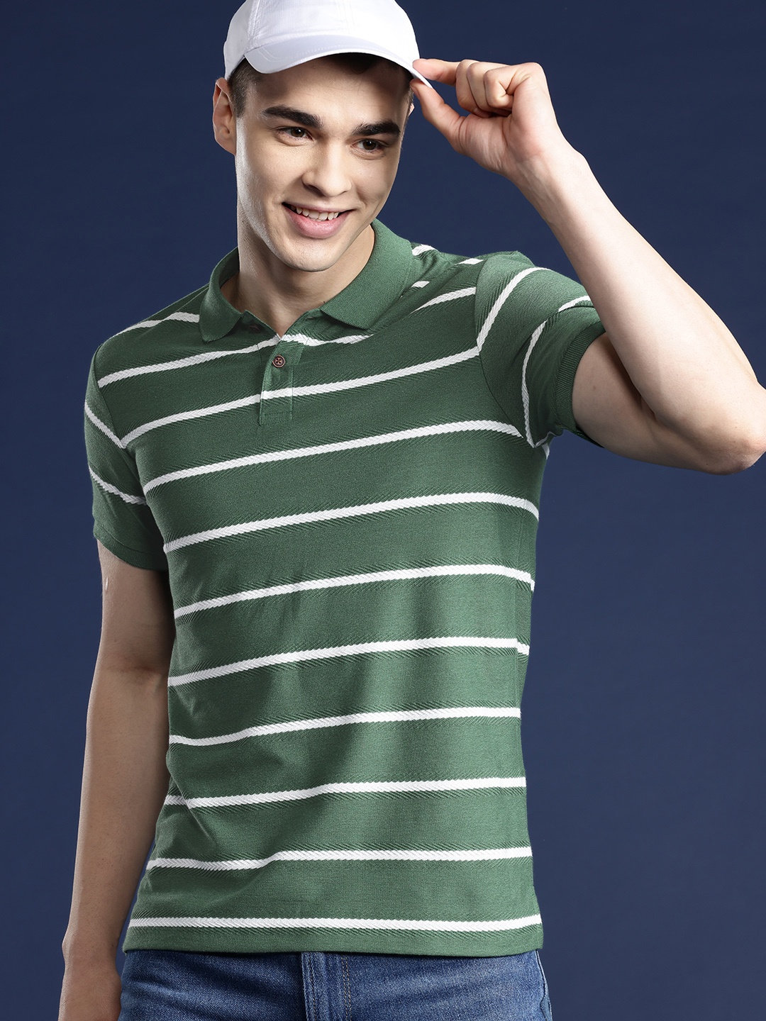 

Mast & Harbour Men Striped Polo Collar T-shirt, Olive