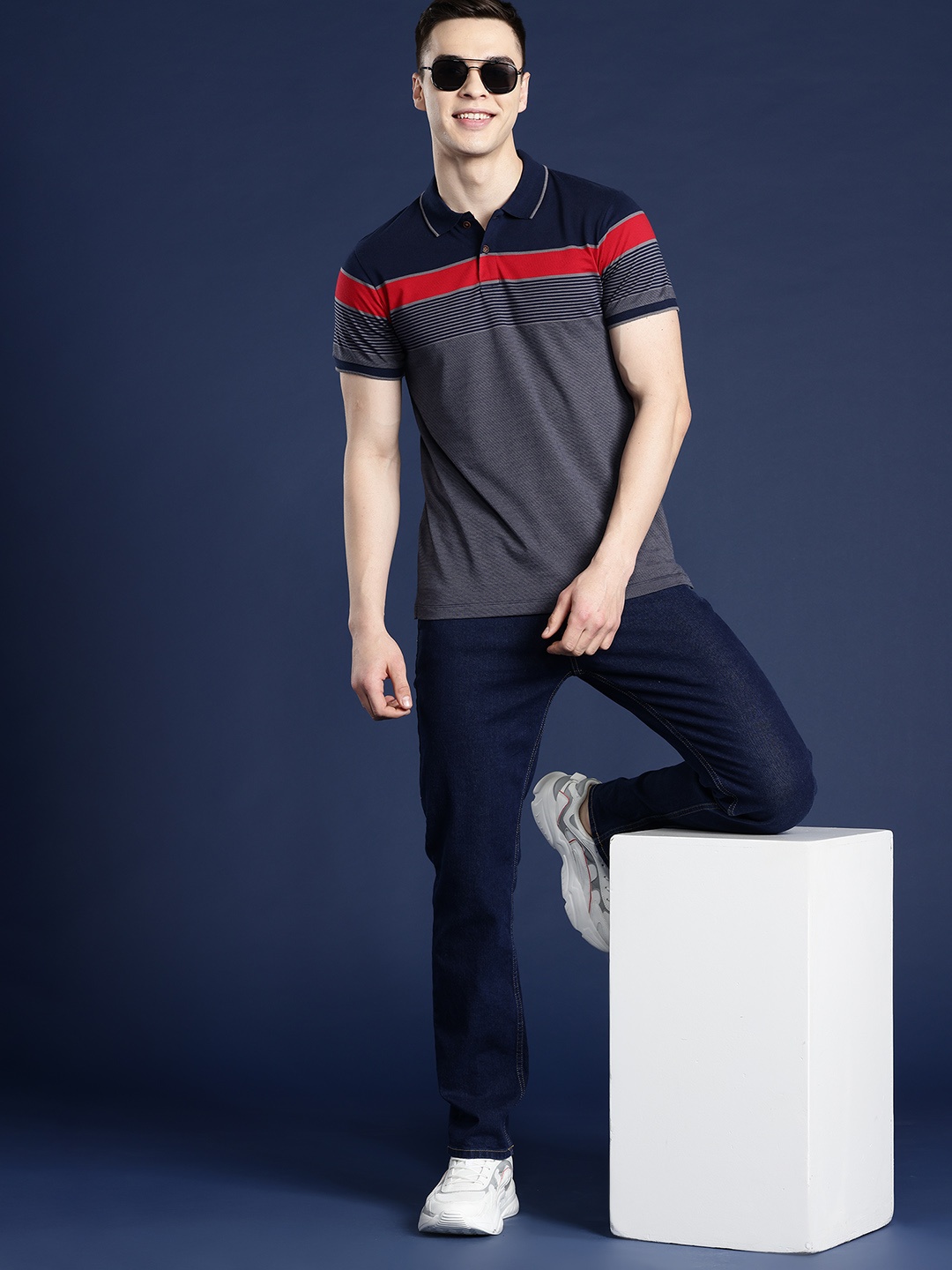 Mast & Harbour Men Striped Polo Collar T-shirt, Navy blue
