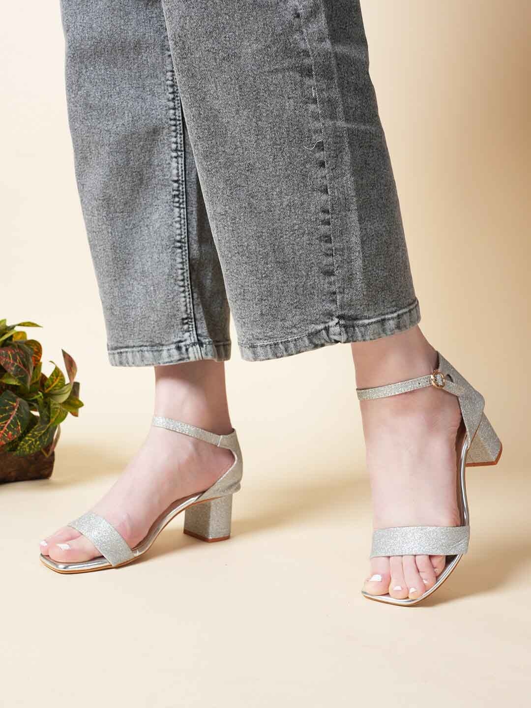 

ZENVO Embellished Backstrap Open Toe Block Heels, Silver