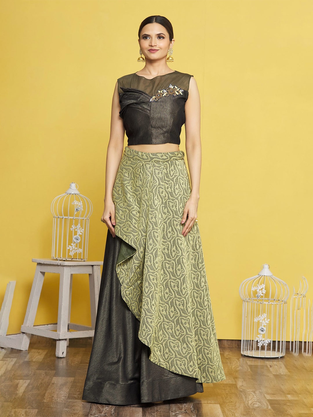 

Sangria Embroidered V-Neck Velvet Lehenga Choli, Olive