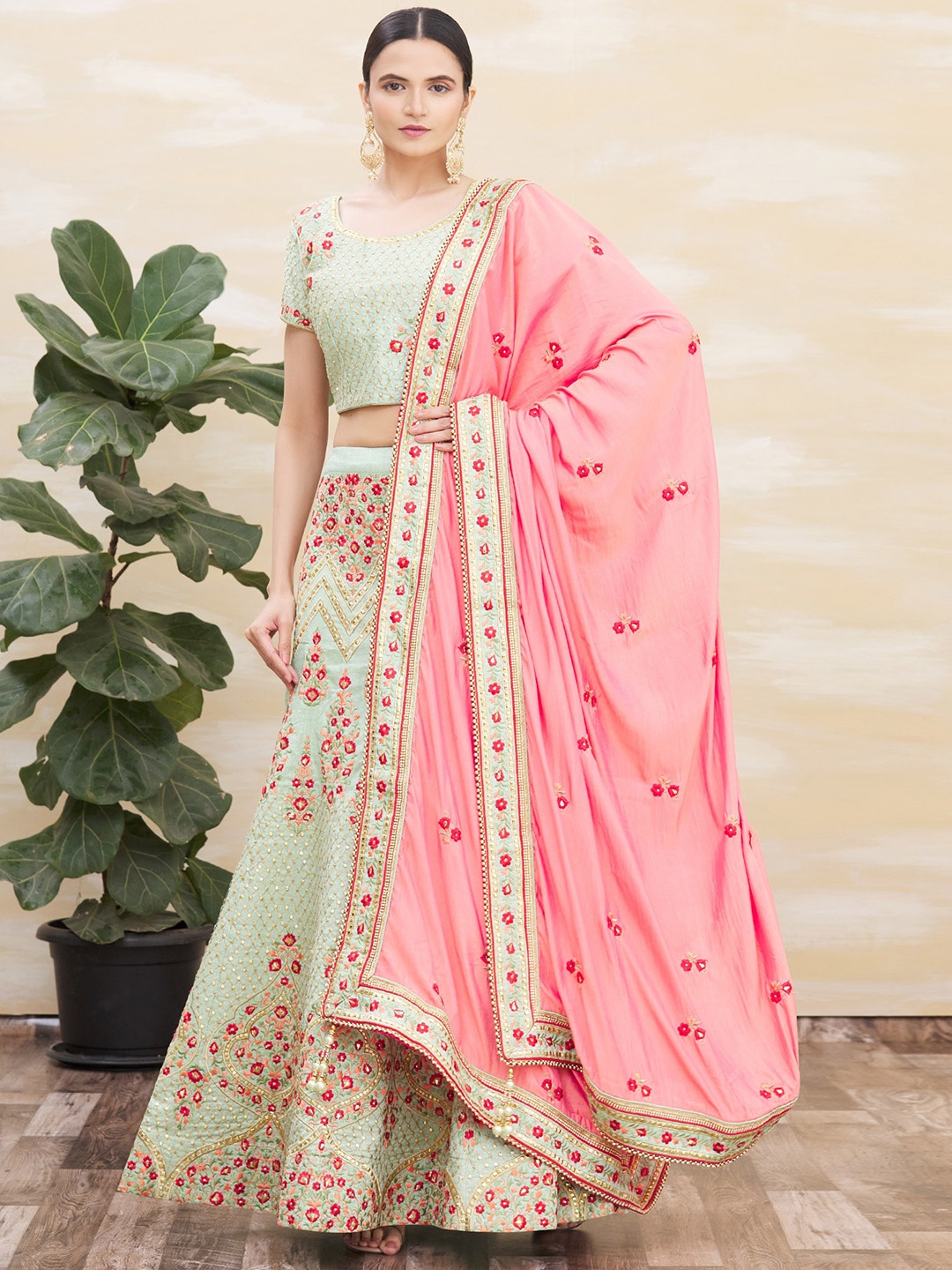 

Sangria Floral Embroidered Round Neck Lehenga Choli with Dupatta, Sea green
