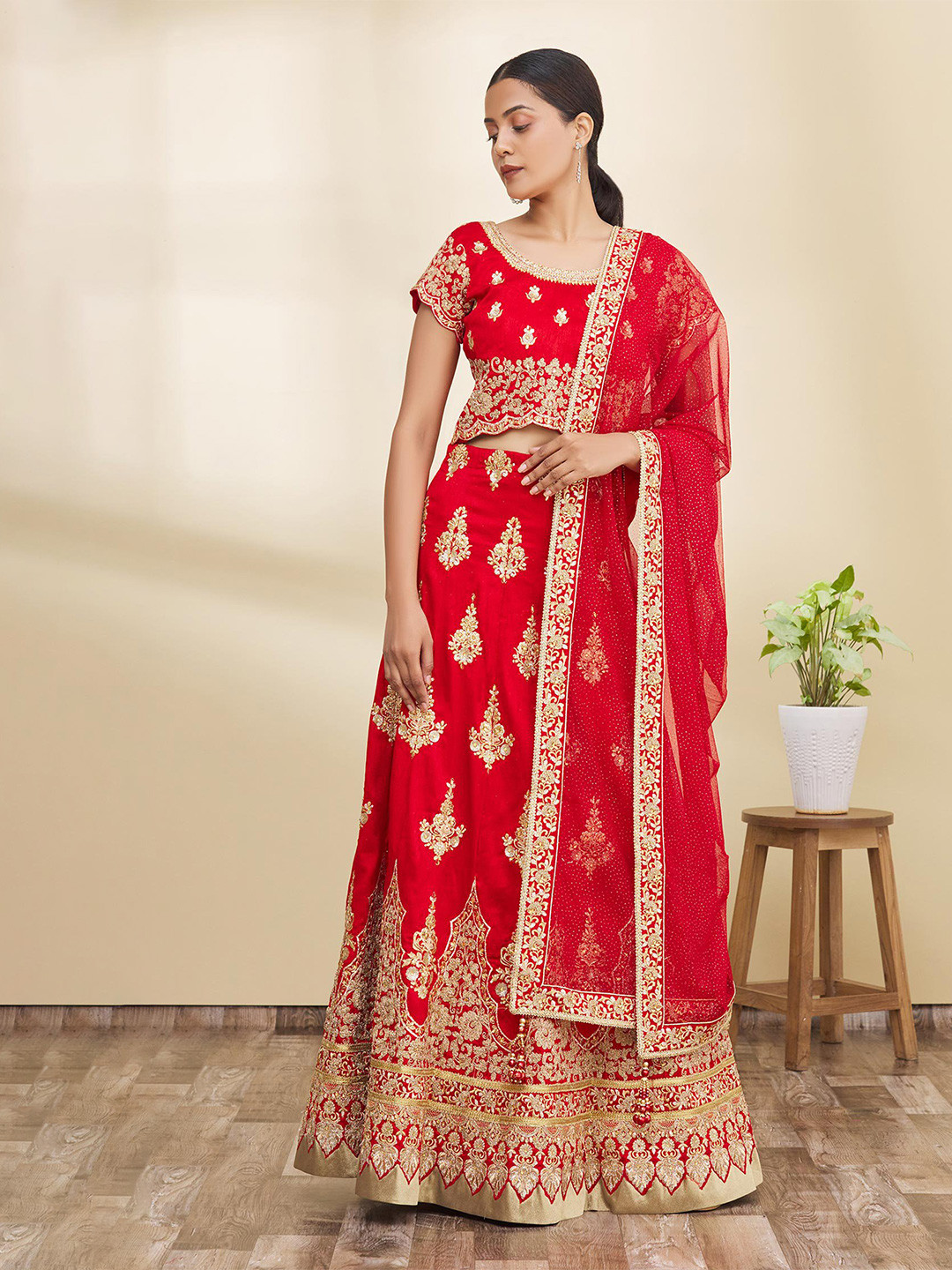 

Sangria Embroidered Silk Unstitched Lehenga With Choli & Dupatta, Red