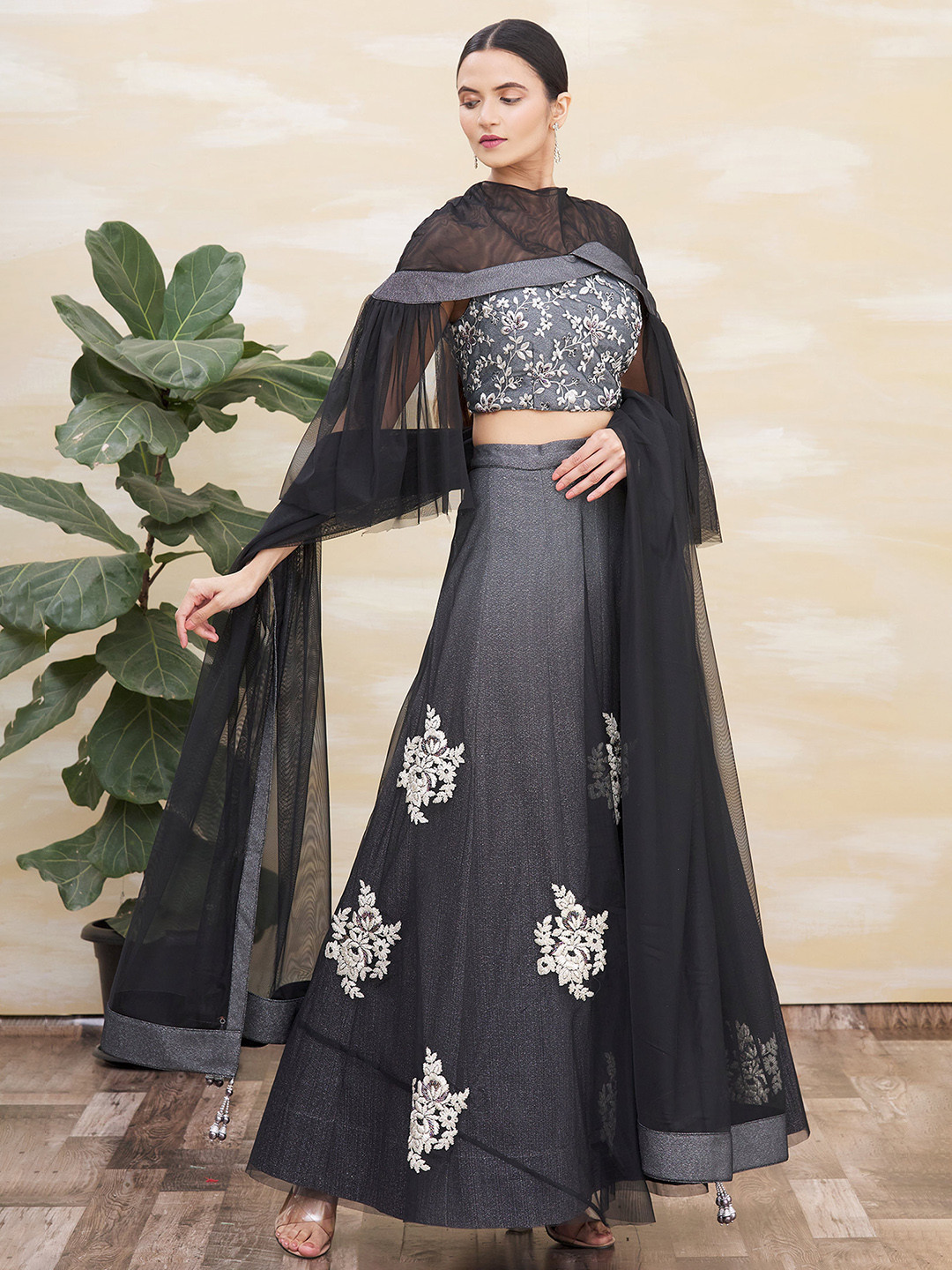 

Sangria Floral Embroidered Boat Neck Ready to Wear Lehenga Choli, Black