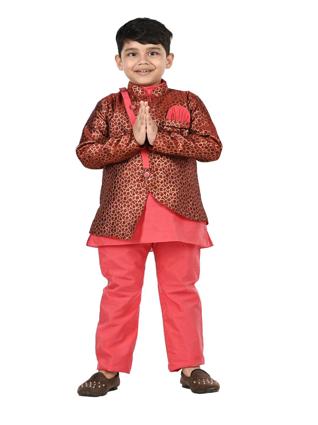 

BAESD Boys Mandarin Collar Linen Straight Kurta With Pyjama & Jacket, Maroon