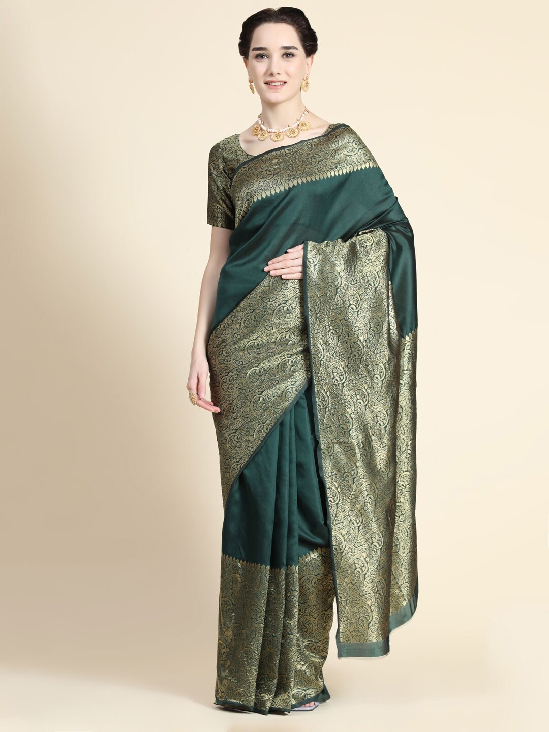 

REALLTREND Zari Pure Silk Kanjeevaram Saree, Green